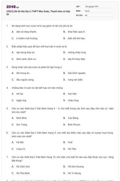 (2023) Đề thi thử Địa Lí THPT Như Xuân, Thanh Hóa có đáp án