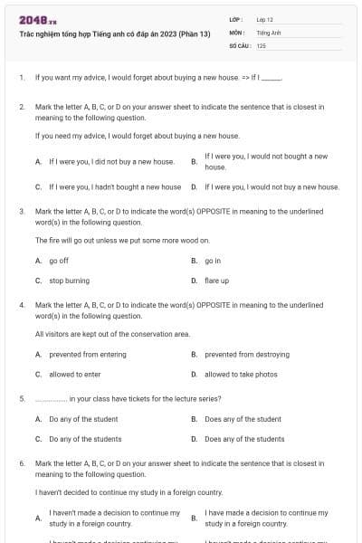 Trắc nghiệm tổng hợp Tiếng anh có đáp án 2023 (Phần 13)