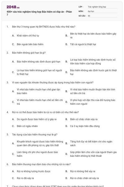 400+ câu trắc nghiệm tổng hợp Bảo hiểm có đáp án - Phần 7