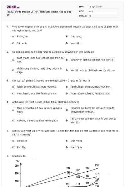 (2023) Đề thi thử Địa Lí THPT Bỉm Sơn, Thanh Hóa có đáp án