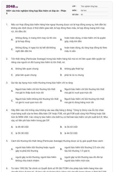 400+ câu trắc nghiệm tổng hợp Bảo hiểm có đáp án - Phần 9