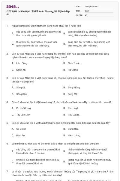 (2023) Đề thi thử Địa Lí THPT Xuân Phương, Hà Nội có đáp án
