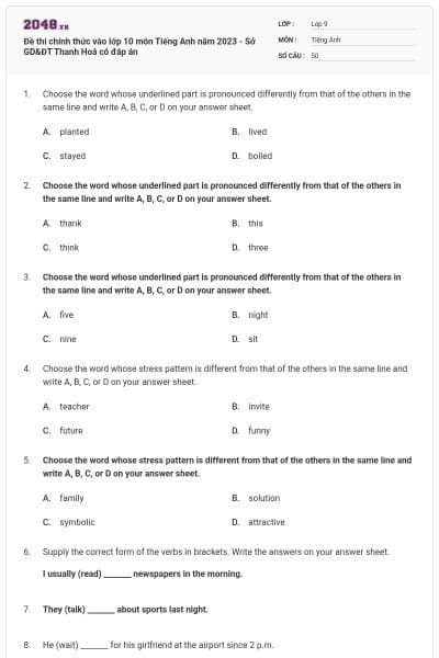 Đề thi chính thức vào lớp 10 môn Tiếng Anh năm 2023 - Sở GD&ĐT Thanh Hoá có đáp án