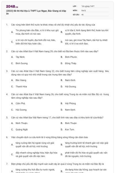 (2023) Đề thi thử Địa Lí THPT Lục Ngạn, Bắc Giang có đáp án