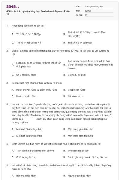 400+ câu trắc nghiệm tổng hợp Bảo hiểm có đáp án - Phần 12