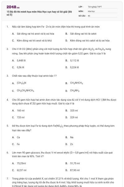 15 Bộ đề thi minh họa môn Hóa Học cực hay có lời giải (Đề số 5)