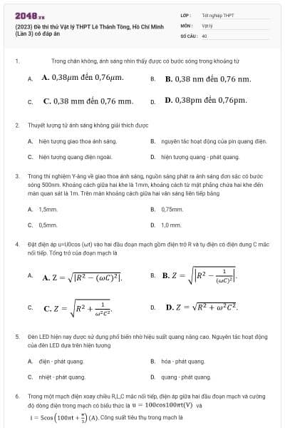 (2023) Đề thi thử Vật lý THPT Lê Thánh Tông, Hồ Chí Minh (Lần 3) có đáp án