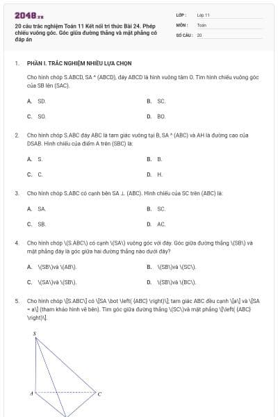 20 câu trắc nghiệm Toán 11 Kết nối tri thức Bài 24. Phép chiếu vuông góc. Góc giữa đường thẳng và mặt phẳng có đáp án
