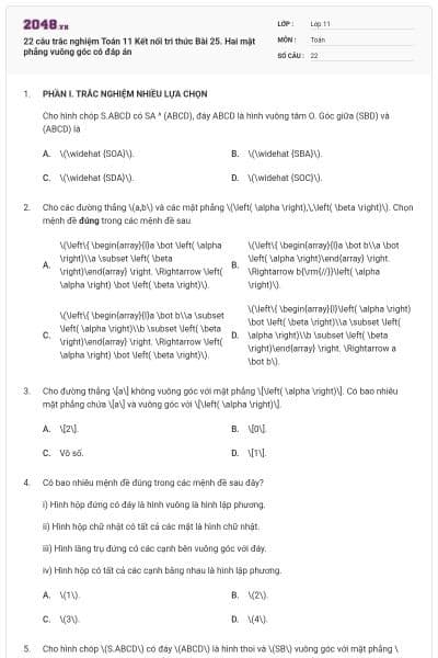 22 câu trắc nghiệm Toán 11 Kết nối tri thức Bài 25. Hai mặt phẳng vuông góc có đáp án
