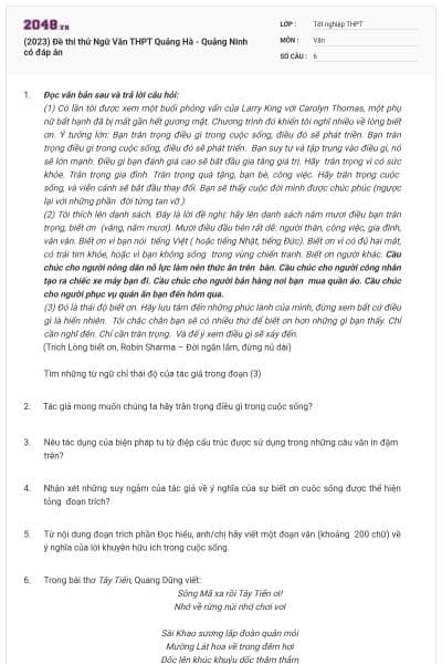 (2023) Đề thi thử Ngữ Văn THPT Quảng Hà - Quảng Ninh có đáp án