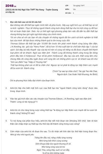 (2023) Đề thi thử Ngữ Văn THPT Na Hang - Tuyên Quang có đáp án