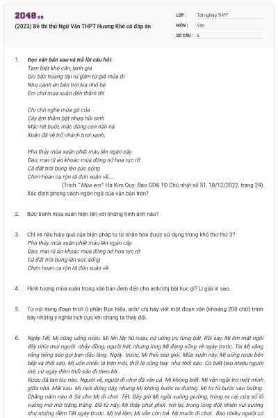 (2023) Đề thi thử Ngữ Văn THPT Hương Khê có đáp án