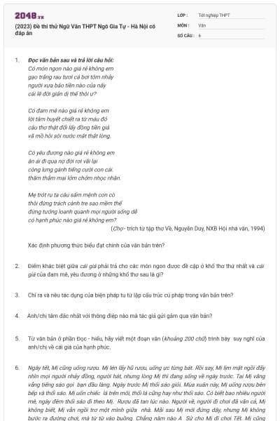 (2023) Đề thi thử Ngữ Văn THPT Ngô Gia Tự - Hà Nội có đáp án