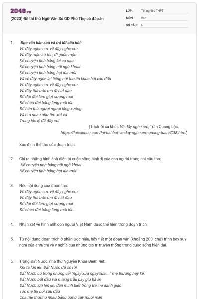 (2023) Đề thi thử Ngữ Văn Sở GD Phú Thọ có đáp án