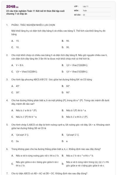 22 câu trắc nghiệm Toán 11 Kết nối tri thức Bài tập cuối chương 7 có đáp án