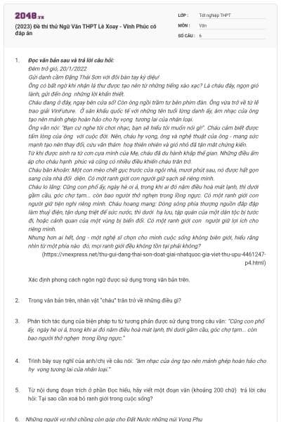 (2023) Đề thi thử Ngữ Văn THPT Lê Xoay - Vĩnh Phúc có đáp án