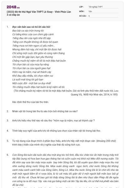 (2023) Đề thi thử Ngữ Văn THPT Lê Xoay - Vĩnh Phúc Lần 3 có đáp án