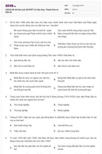 (2023) Đề thi thử Lịch SửTHPT Lê Văn Hưu, Thanh Hóa có đáp án