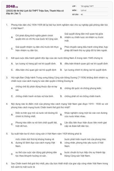 (2023) Đề thi thử Lịch Sử THPT Triệu Sơn, Thanh Hóa có đáp án ( lần 1)
