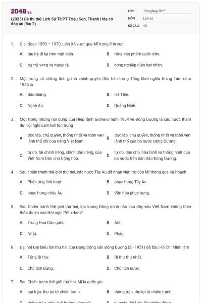 (2023) Đề thi thử Lịch Sử THPT Triệu Sơn, Thanh Hóa có đáp án (lần 2)