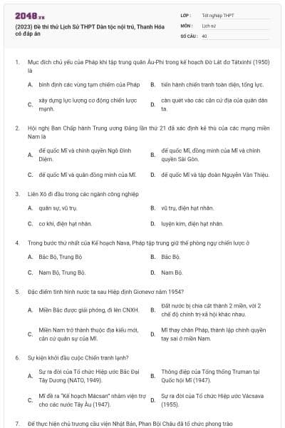 (2023) Đề thi thử Lịch Sử THPT Dân tộc nội trú, Thanh Hóa có đáp án