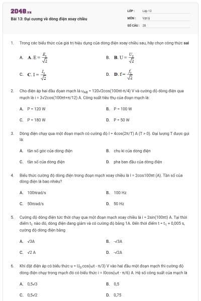 Bài 13: Đại cương về dòng điện xoay chiều