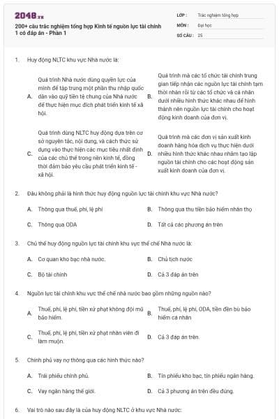 200+ câu trắc nghiệm tổng hợp Kinh tế nguồn lực tài chính 1 có đáp án - Phần 1
