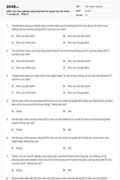 200+ câu trắc nghiệm tổng hợp Kinh tế nguồn lực tài chính 1 có đáp án - Phần 2