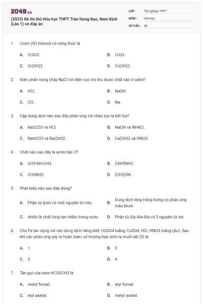 (2023) Đề thi thử Hóa học THPT Trần Hưng Đạo, Nam Định (Lần 1) có đáp án