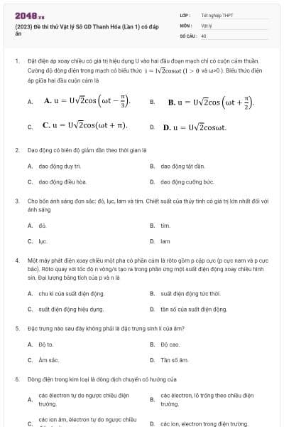 (2023) Đề thi thử Vật lý Sở GD Thanh Hóa (Lần 1) có đáp án