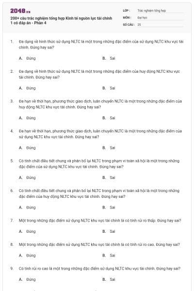 200+ câu trắc nghiệm tổng hợp Kinh tế nguồn lực tài chính 1 có đáp án - Phần 4