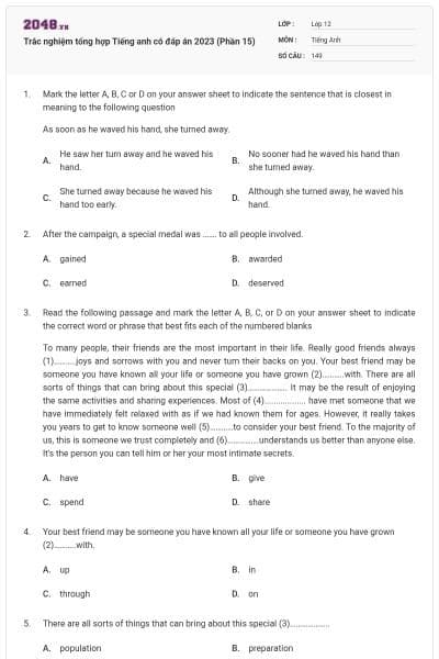 Trắc nghiệm tổng hợp Tiếng anh có đáp án 2023 (Phần 15)