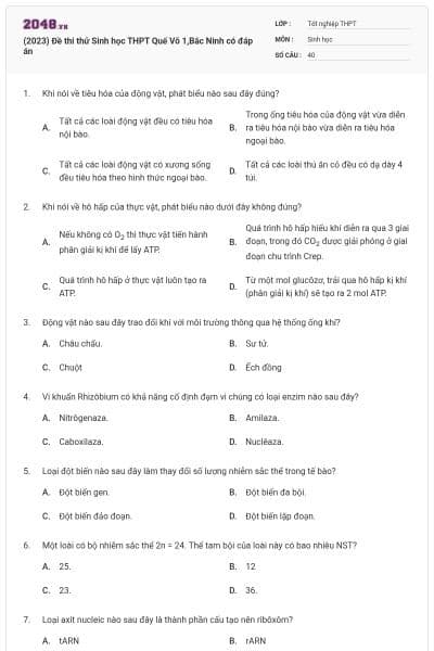 (2023) Đề thi thử Sinh học THPT Quế Võ 1,Bắc Ninh có đáp án