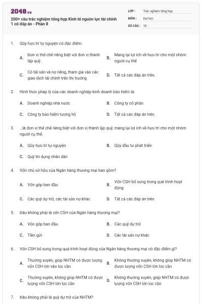 200+ câu trắc nghiệm tổng hợp Kinh tế nguồn lực tài chính 1 có đáp án - Phần 8