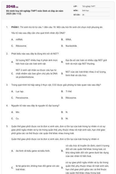 Đề minh hoạ tốt nghiệp THPT môn Sinh có đáp án năm 2025 (Đề 113)