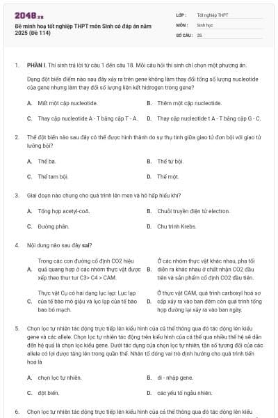 Đề minh hoạ tốt nghiệp THPT môn Sinh có đáp án năm 2025 (Đề 114)