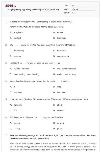 Trắc nghiệm tổng hợp Tiếng anh có đáp án 2023 (Phần 16)