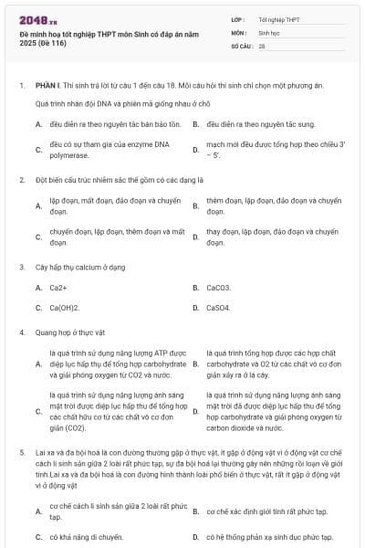 Đề minh hoạ tốt nghiệp THPT môn Sinh có đáp án năm 2025 (Đề 116)