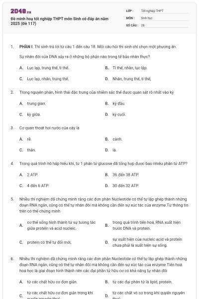 Đề minh hoạ tốt nghiệp THPT môn Sinh có đáp án năm 2025 (Đề 117)