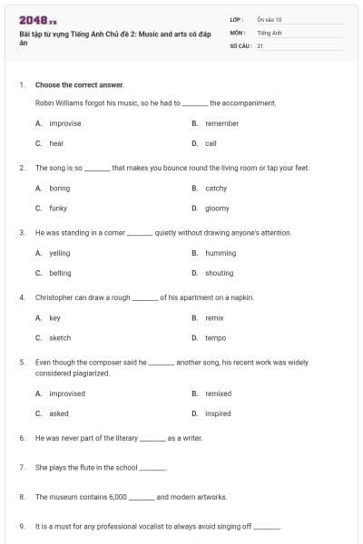 Bài tập từ vựng Tiếng Anh Chủ đề 2: Music and arts có đáp án