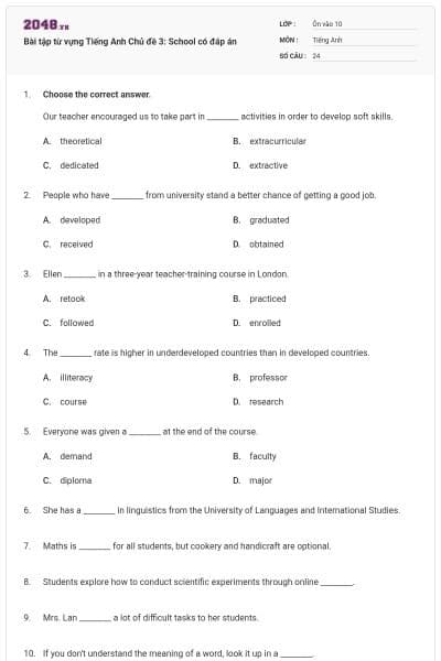 Bài tập từ vựng Tiếng Anh Chủ đề 3: School có đáp án