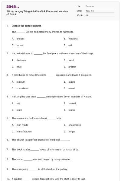 Bài tập từ vựng Tiếng Anh Chủ đề 4: Places and wonders có đáp án