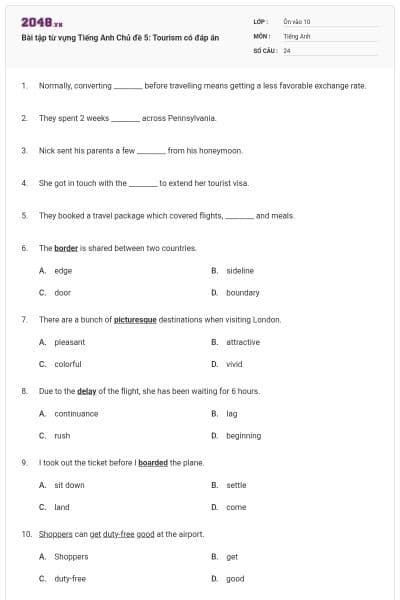 Bài tập từ vựng Tiếng Anh Chủ đề 5: Tourism có đáp án