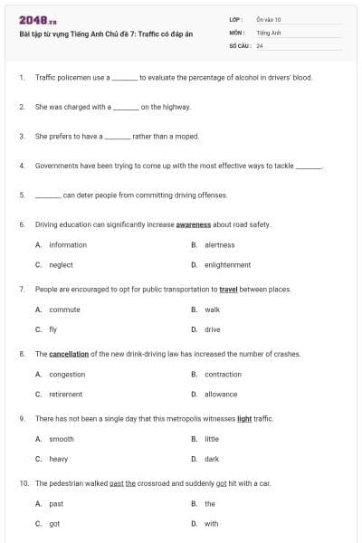 Bài tập từ vựng Tiếng Anh Chủ đề 7: Traffic có đáp án