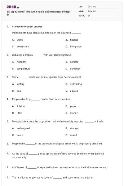 Bài tập từ vựng Tiếng Anh Chủ đề 8: Environment có đáp án
