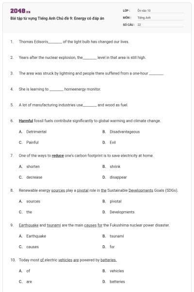 Bài tập từ vựng Tiếng Anh Chủ đề 9: Energy có đáp án