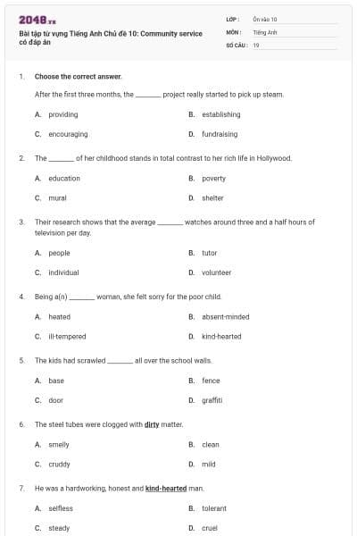 Bài tập từ vựng Tiếng Anh Chủ đề 10: Community service có đáp án