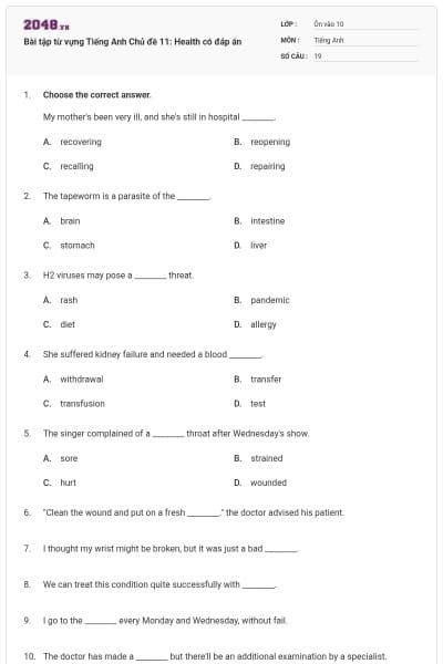 Bài tập từ vựng Tiếng Anh Chủ đề 11: Health có đáp án