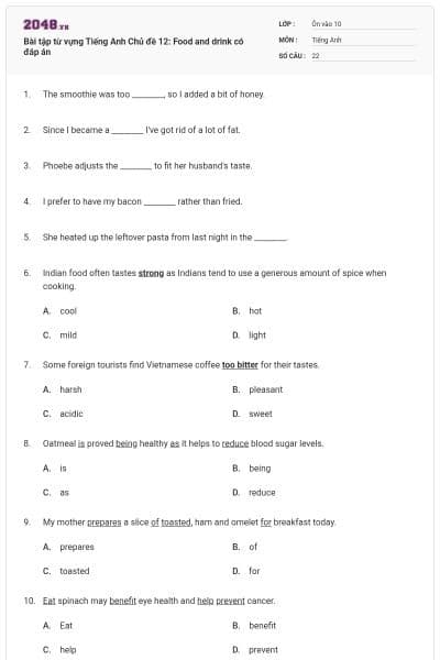 Bài tập từ vựng Tiếng Anh Chủ đề 12: Food and drink có đáp án