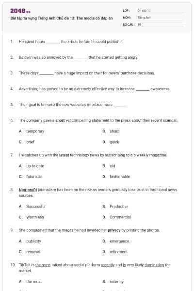 Bài tập từ vựng Tiếng Anh Chủ đề 13: The media có đáp án